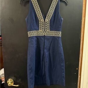 Lilly Pulitzer Blue and White Sheath Midi Dress V-Neck Sleeveless